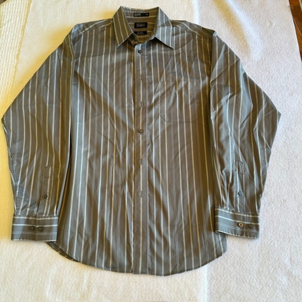 Haggar No Iron Striped Dress Shirt Mens Gray White Large Cotton Classic Work